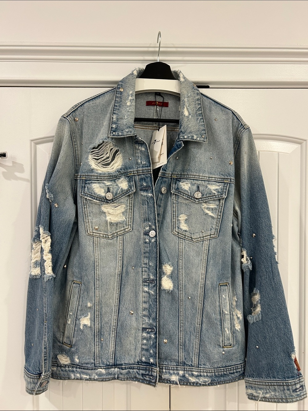 NWT! 7 For All Mankind Oversized Distressed Denim Jacket With All Over Studs! M!